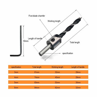 एचएसएस ब्रैड पॉइंट काउंटरसिंक ड्रिल बिट सेट 5 पीस डीआईएन/एएनएसआई